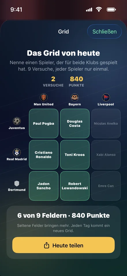 Heroes of Sport Grid: 3x3-Raster mit Vereinen, gesucht ist ein passender Spieler