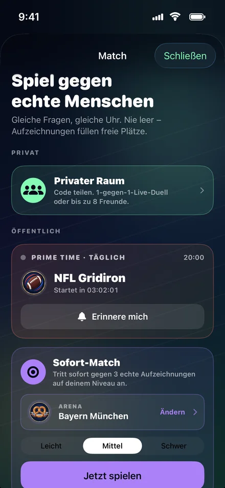 Heroes of Sport Match: privater Raum, Prime Time um 20 Uhr und Sofort-Match