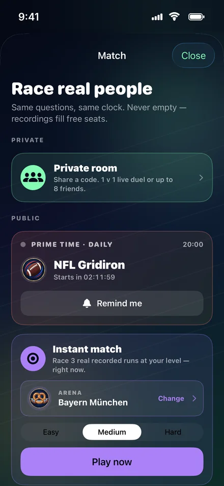Heroes of Sport Match: private room, daily Prime Time and instant match